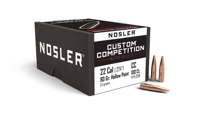 Nosler .224 Diameter 80 Grain Boat Tail Hollow Point Custom Competition Bullets