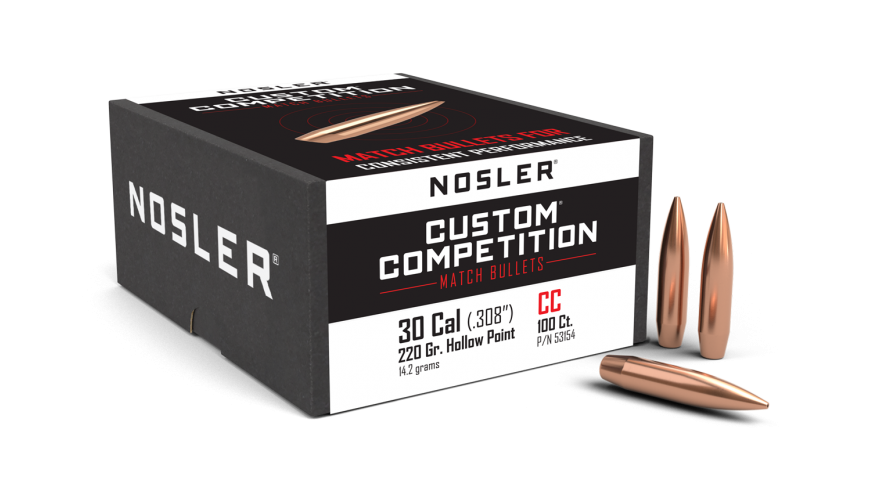 Nosler .308 Diameter 220 Grain Hollow Point Boat Tail Custom Competition 100 Count Bullets
