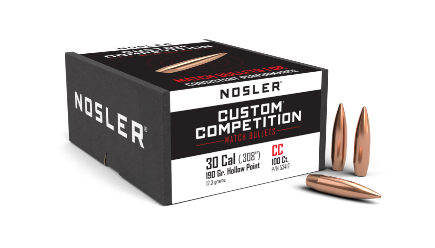 Nosler .308 Diameter 190 Grain Boat Tail Hollow Point  Custom Competition Bullets