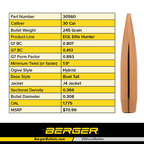 Berger .308 Diameter 245 Grain Boat Tail Hollow Point Elite Hunter Bullets