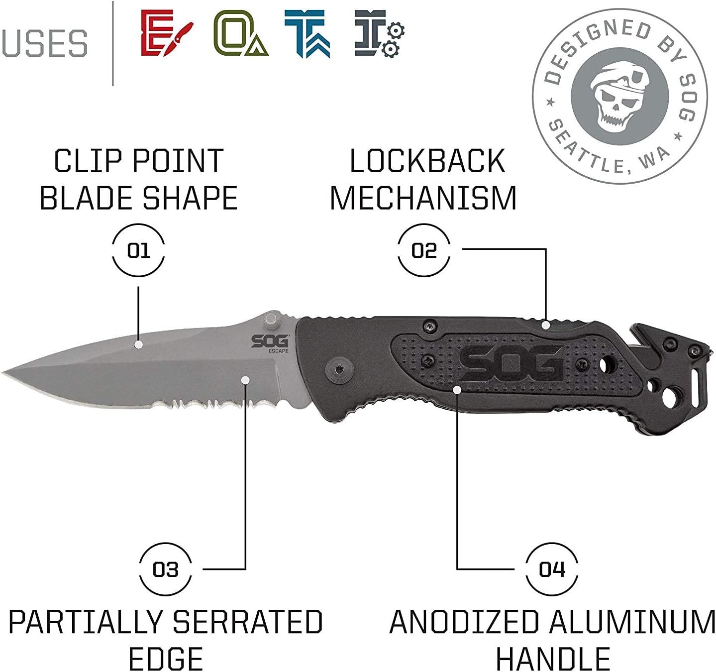 SOG Escape Folding Knife 3.4" Clip Point