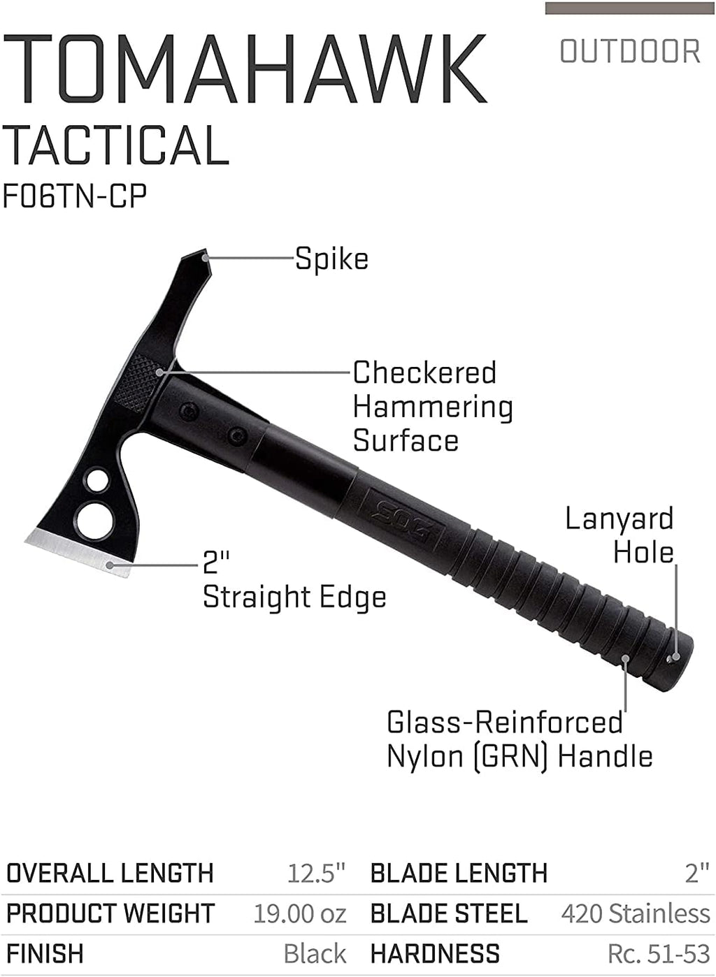 SOG FastHawk Tactical Tomahawk 420HC Stainless Blade Reinforced Fiberglass Handle Black