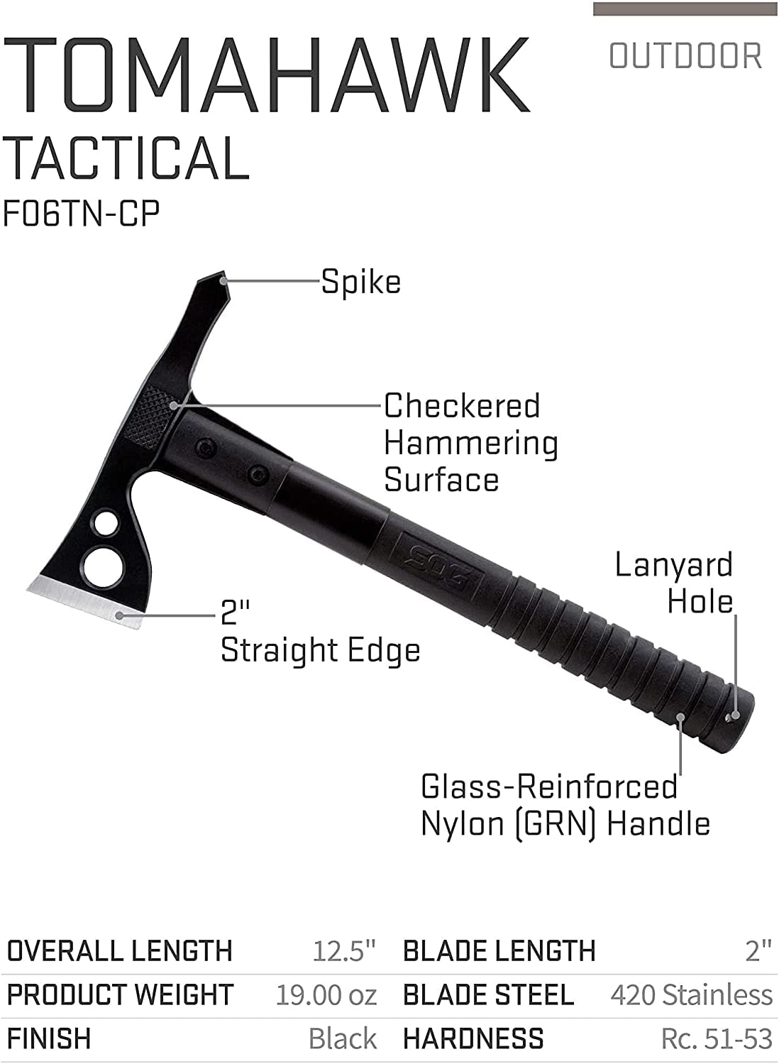 SOG FastHawk Tactical Tomahawk 420HC Stainless Blade Reinforced Fiberglass Handle Black