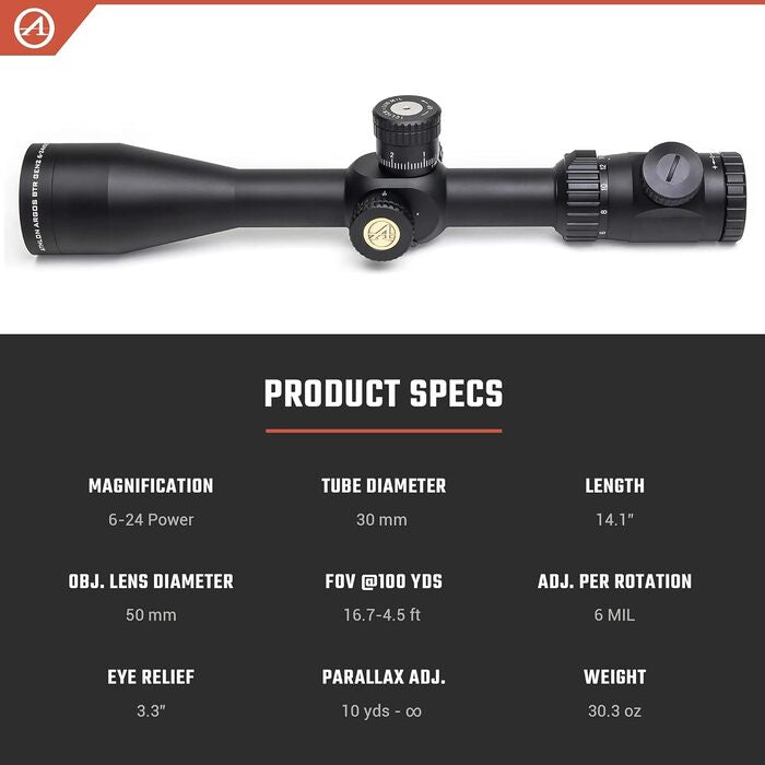 Athlon Optics Argos BTR Gen 2 Rifle Scope First Focal Plane 6-24x50mm Illuminated APLR2 MIL Reticle Black