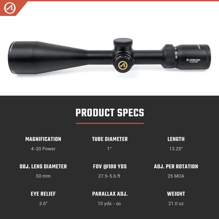 Athlon Optics Argos HMR Rifle Scope 4-20x50mm Illuminated BDC 600A Reticle Black