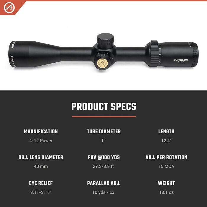 Athlon Optics Neos Rifle Scope 4-12x40mm BDC 22 Rimfire Reticle Black