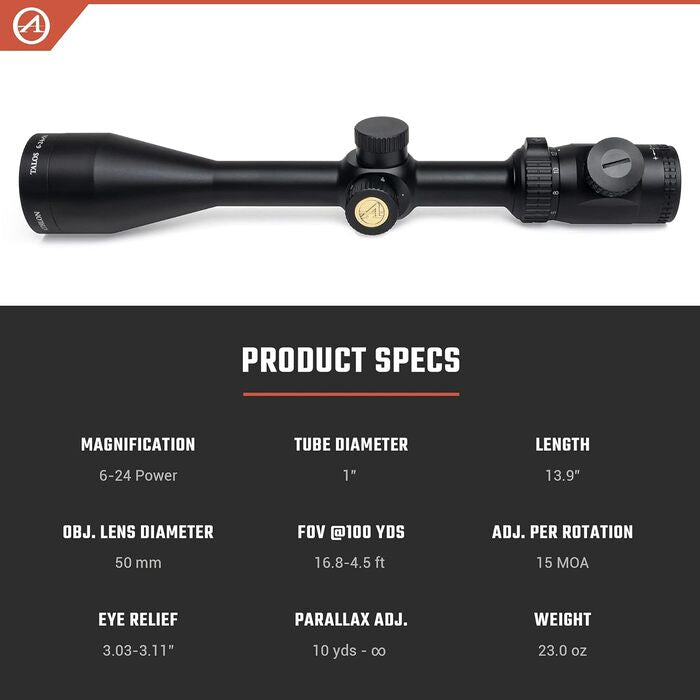 Athlon Optics Talos Rifle Scope 6-24x50mm Illuminated ATMR1 MIL Reticle Black
