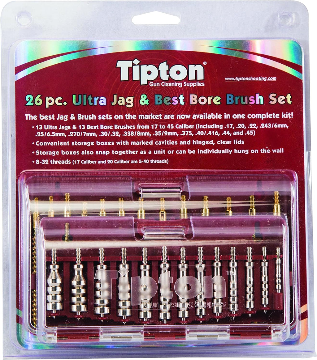 Tipton 26 Piece Best Bore Brush and Ultra Jags Set Nickel Plated Brass and Bronze 17 - 45 Caliber 8-32 Thread (17 Caliber has 5-40 Thread)