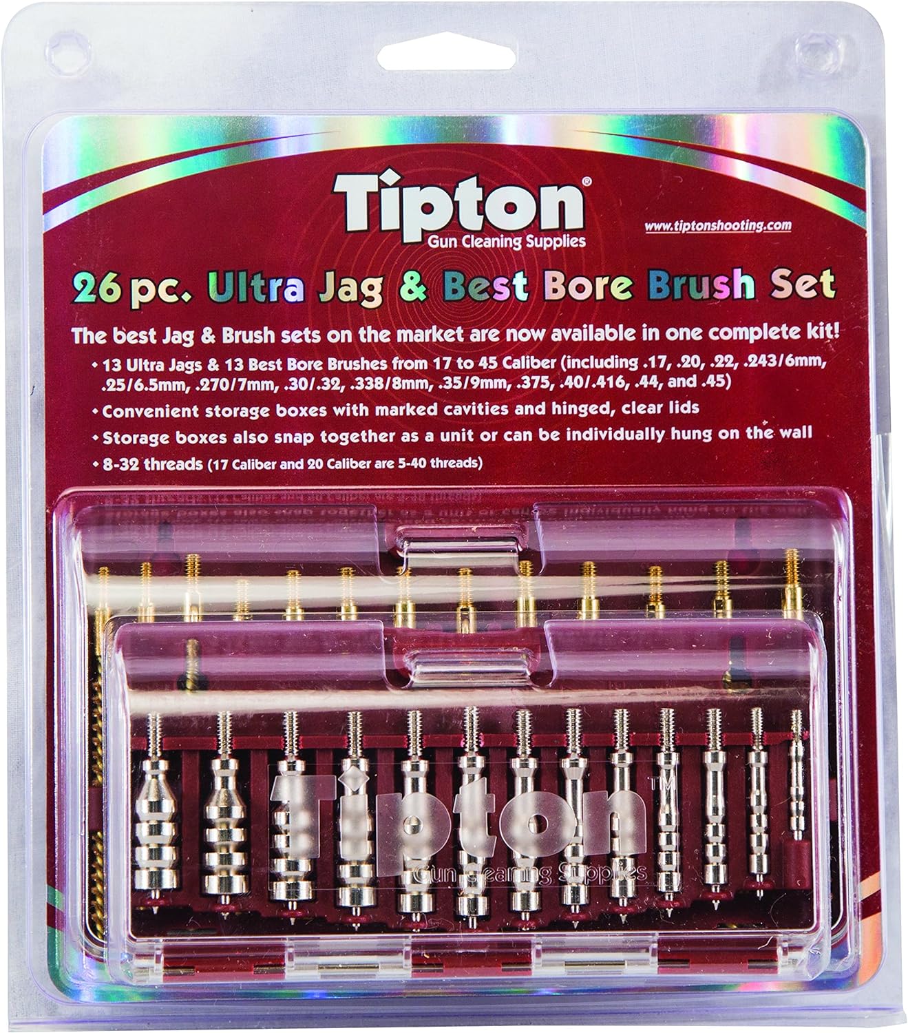 Tipton 26 Piece Best Bore Brush and Ultra Jags Set Nickel Plated Brass and Bronze 17 - 45 Caliber 8-32 Thread (17 Caliber has 5-40 Thread)