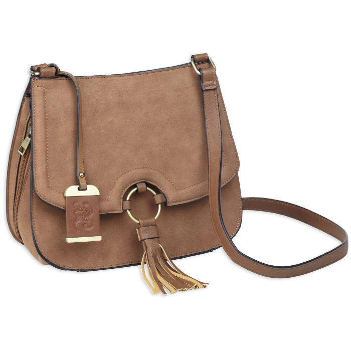 Bulldog Cases Cross Body  Purse with Holster Ambidextrous Most Small Pistols & Revolvers Leather Camel Suede Medium