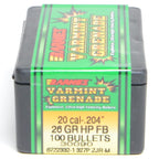 Barnes .204 Diameter 26 Grain Hollow Point Flat Base Varmint Grenade Bullets