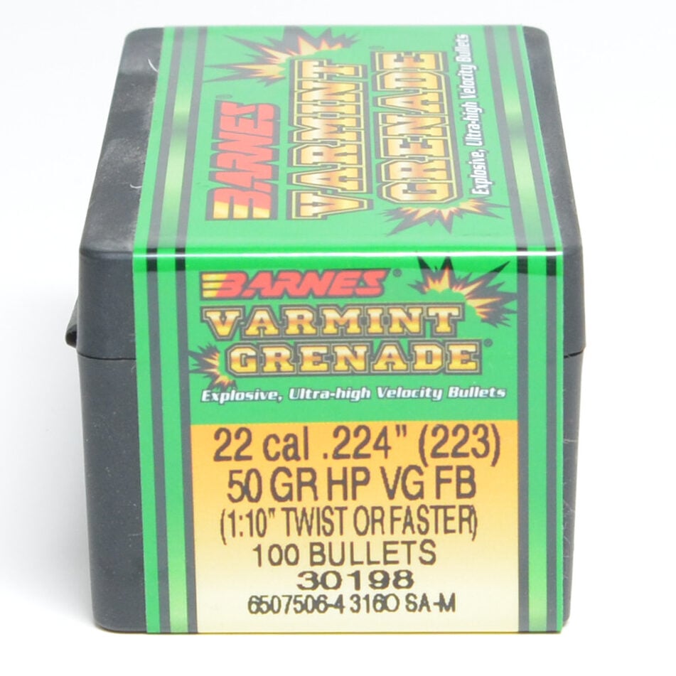 Barnes .224 Diameter 50 Grain Hollow Point Flat Base Varmint Grenade Bullets
