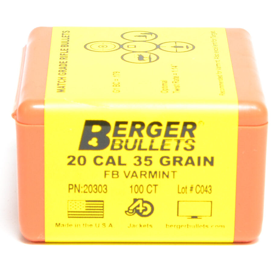 Berger .204 Diameter 35 Grain Flat Base Hollow Point Varmint 100 Count Bullets