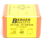 Berger .204 Diameter 35 Grain Flat Base Hollow Point Varmint 100 Count Bullets