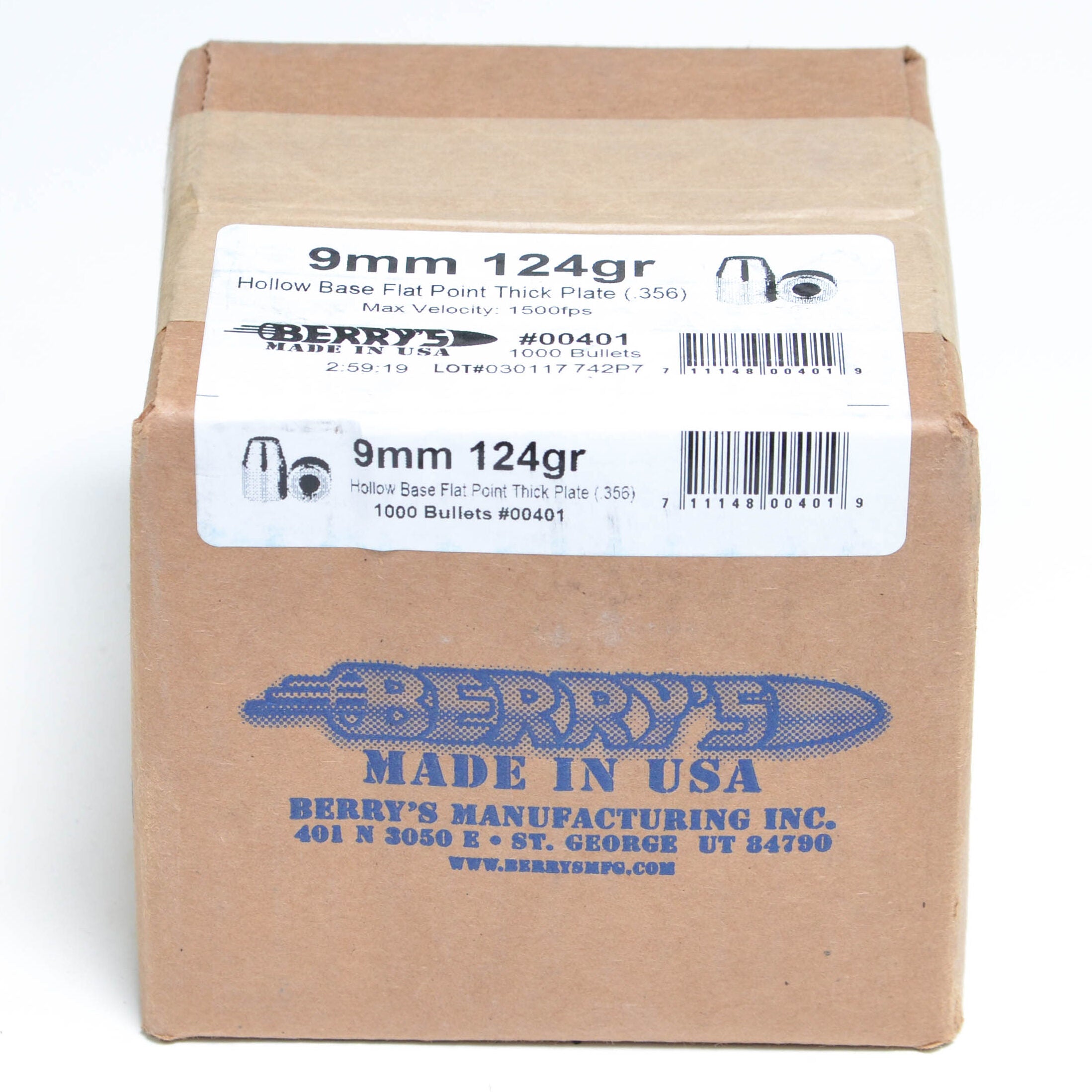 Berry's .356 Diameter 124 Grain Hollow Base Flat Point 1000 Count Bullets