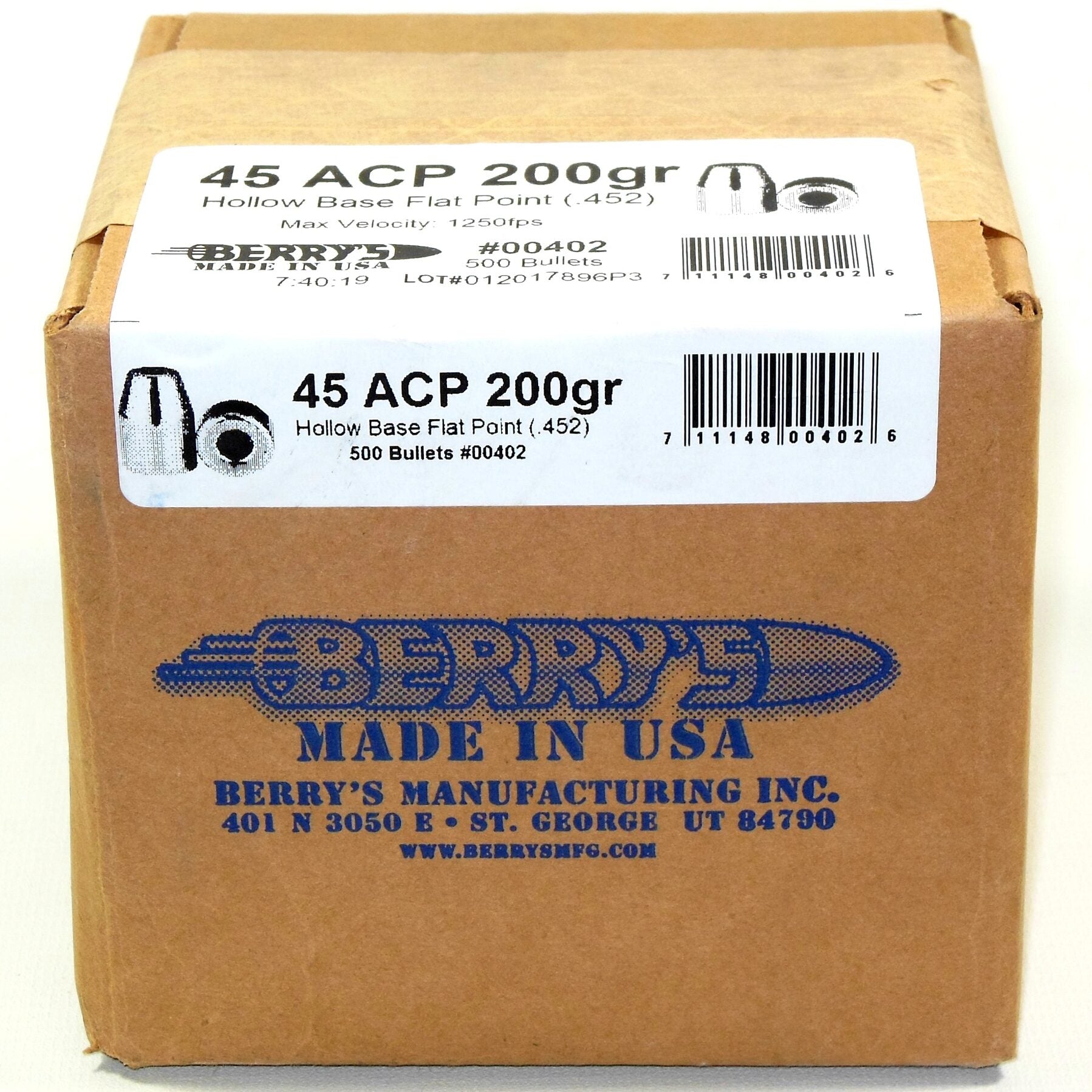 Berrys .452 / 45 200 Grain Hollow Base Flat Point (500)