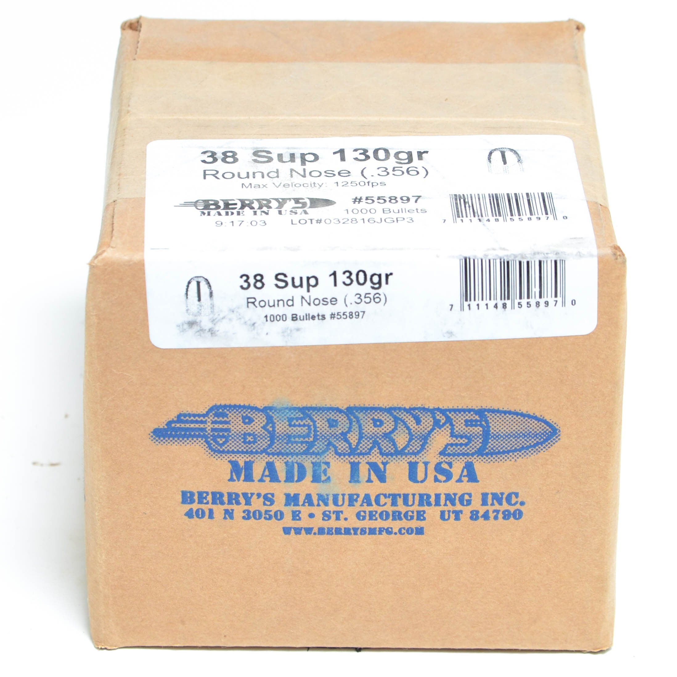 Berry's .356 Diameter 130 Grain Round Nose 1000 Count Bullets (38 Super)