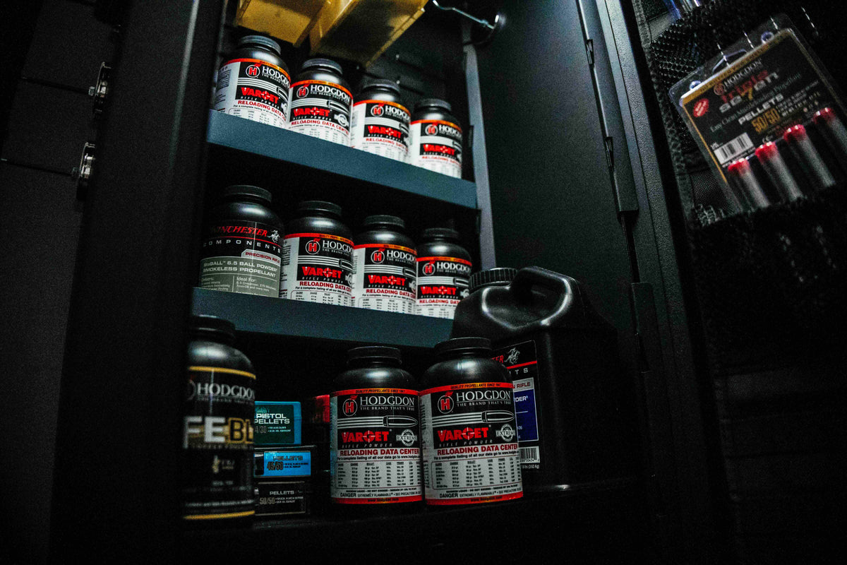 image of reloading powders in a safe