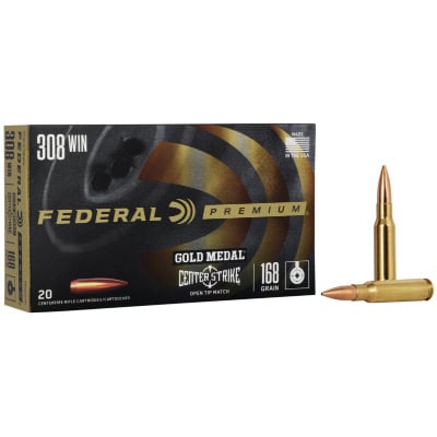 Federal Ammunition 308 Winchester 168 Grain Centerstrke Open Tip Match 20 Count