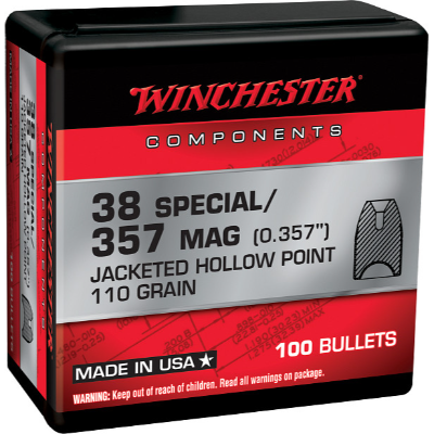 Winchester .357 Diameter 110 Grain Jacketed Hollow Point 100 Count Bullets (38 Special, 357 Magnum)
