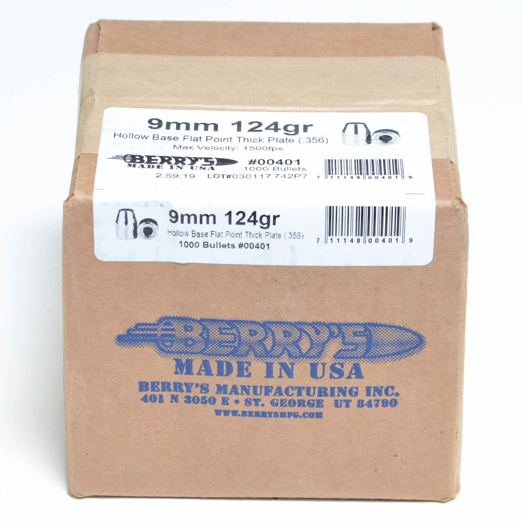 Berry's Bullets 0.356 (9mm) 124 Grain Hollow Base Flat Point Box of